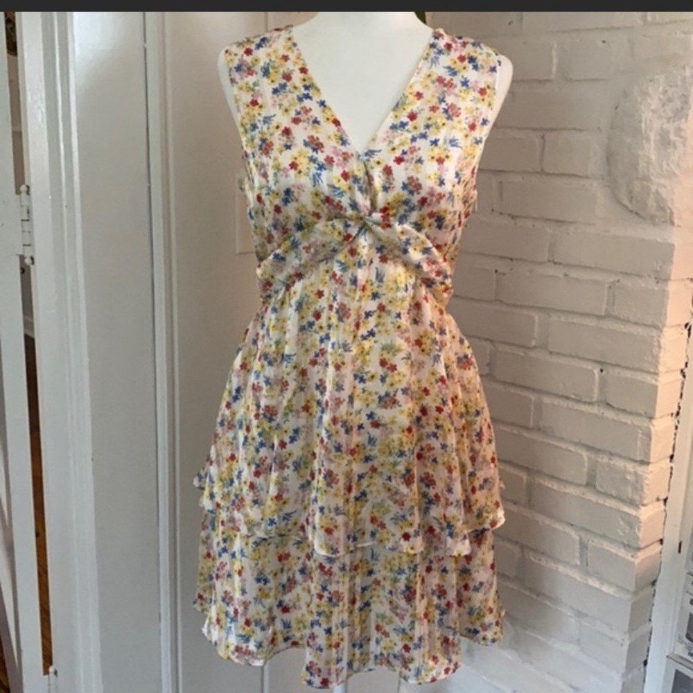 Banana Republic Floral Mini Dress in White with Yellow, Blue & Red Flowers